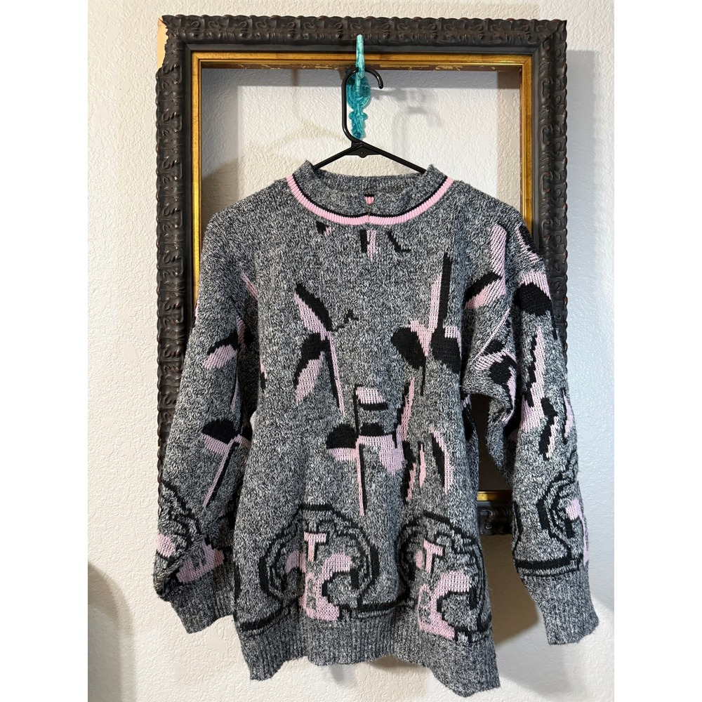 Vintage Glamour-Knit 80s Abstract Graphic Sweater Grey Pink Black Made in USA